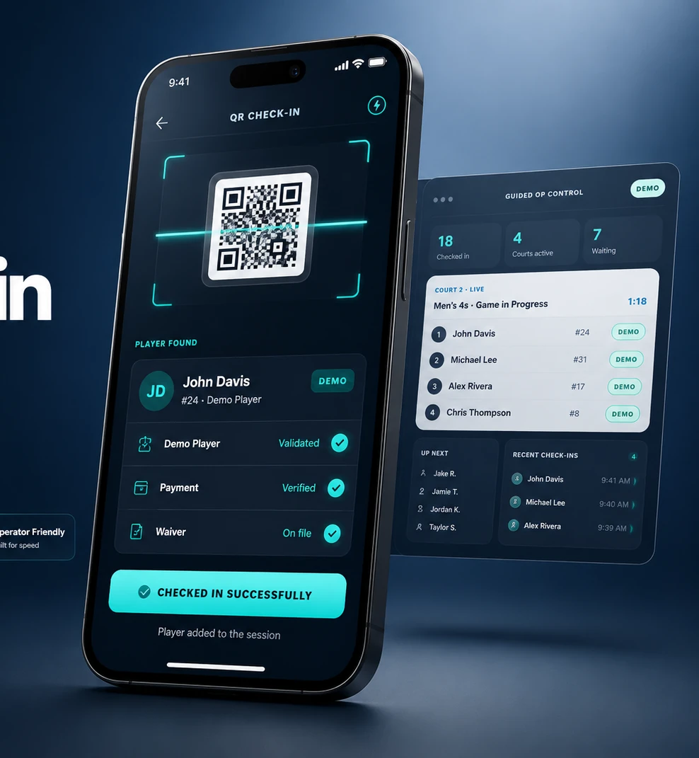 QR player check-in and operator control mockup