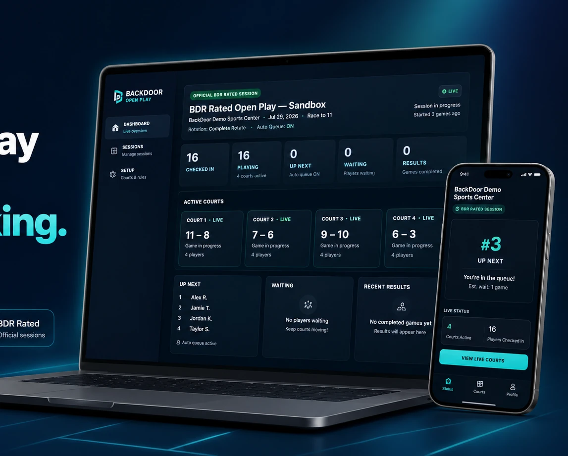 BackDoor Open Play organizer dashboard and player mobile live status mockup